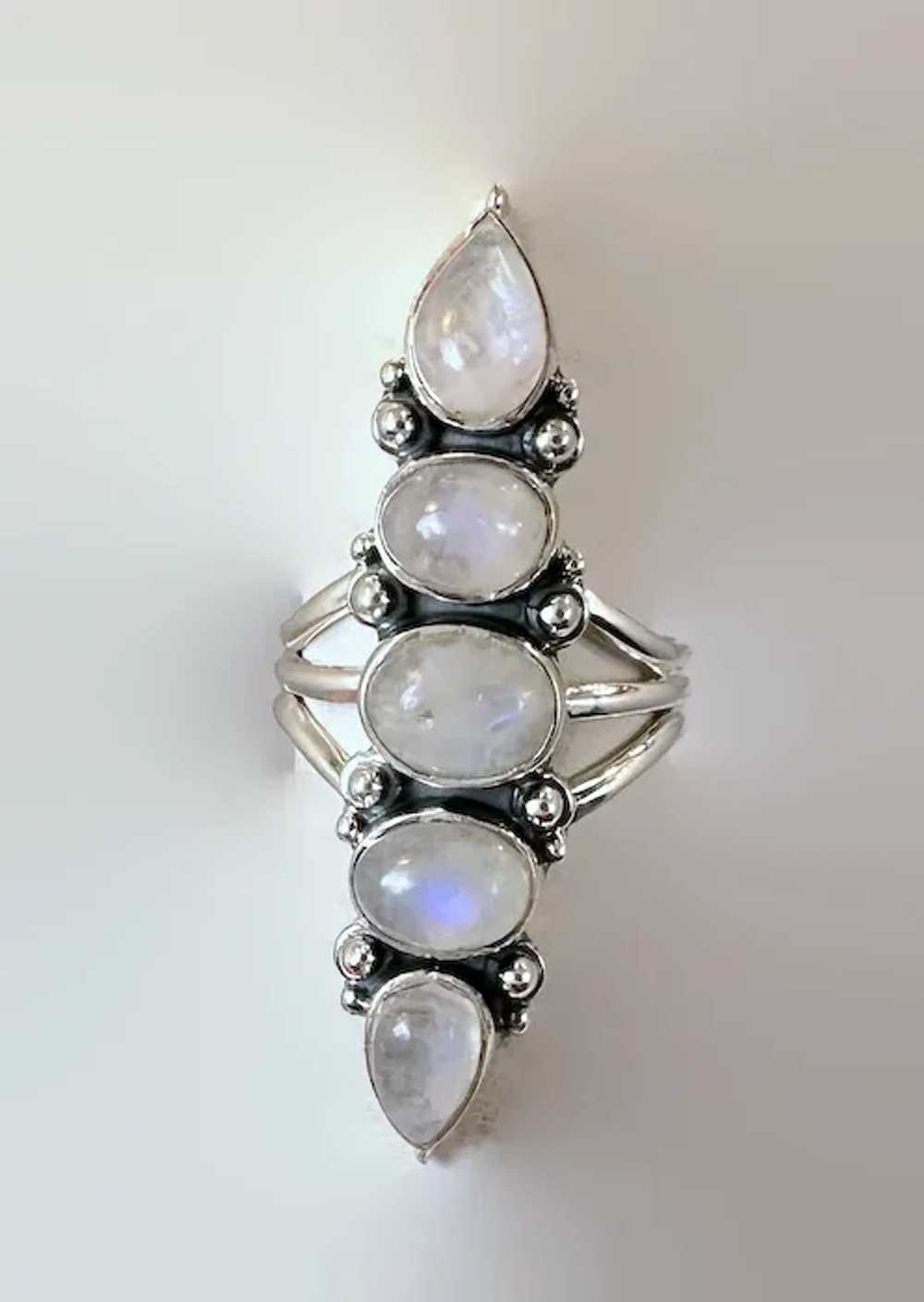 Moonstone Ring, 5 Stones, Sterling Silver, Size 8… - image 2