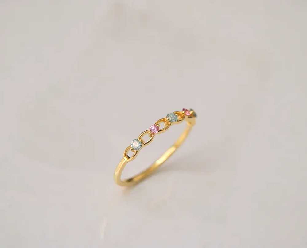 Blue Diamond & Pink Sapphire Gold Band Ring - image 7