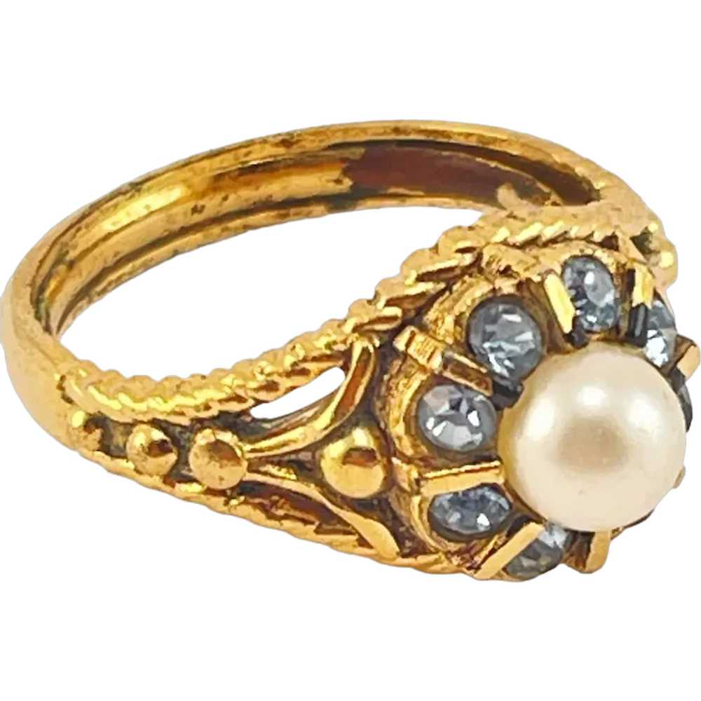 Crown Trifari Faux Pearl and Rhinestone Mid Centu… - image 1