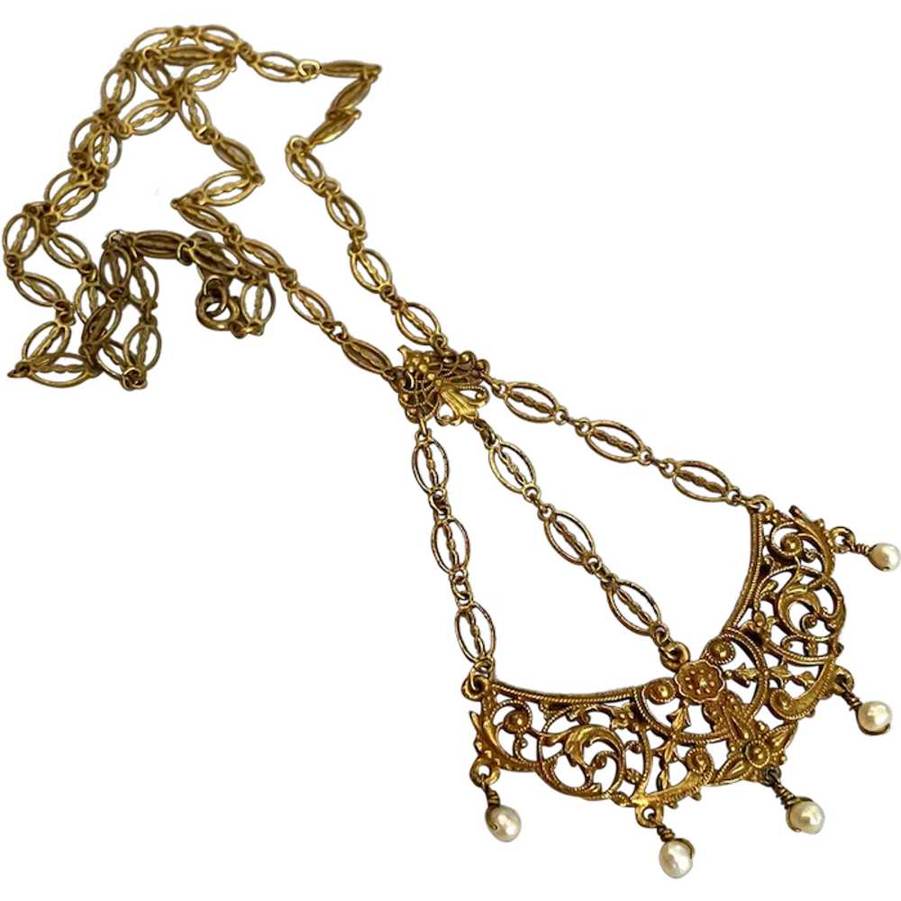 Brass lace bib necklace medieval style filigree j… - image 1