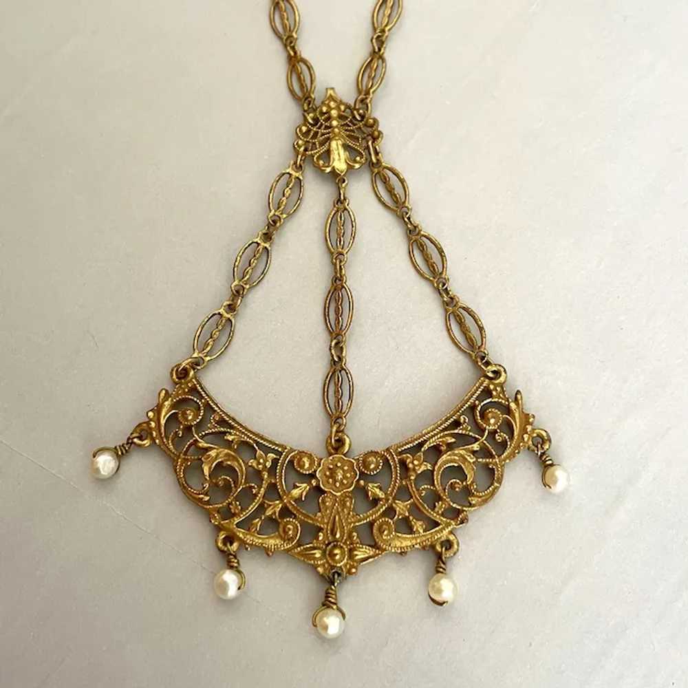 Brass lace bib necklace medieval style filigree j… - image 3