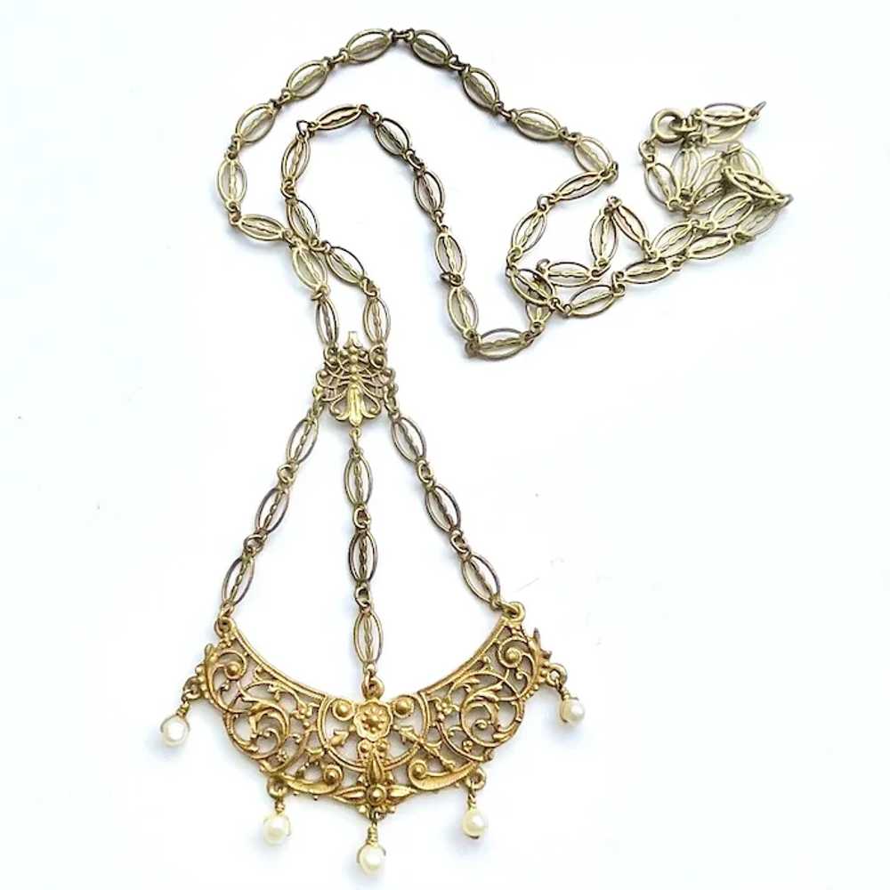 Brass lace bib necklace medieval style filigree j… - image 4