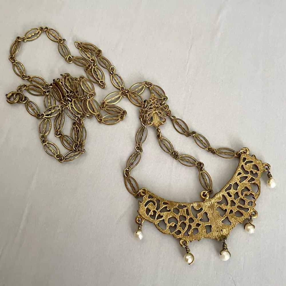 Brass lace bib necklace medieval style filigree j… - image 7