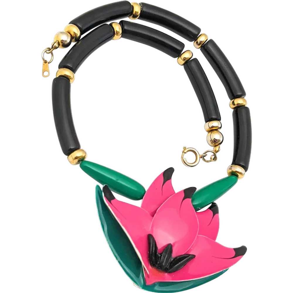 Green And Black Beaded Lotus Flower Pendant Neckl… - image 1