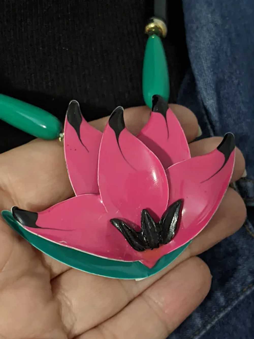 Green And Black Beaded Lotus Flower Pendant Neckl… - image 3
