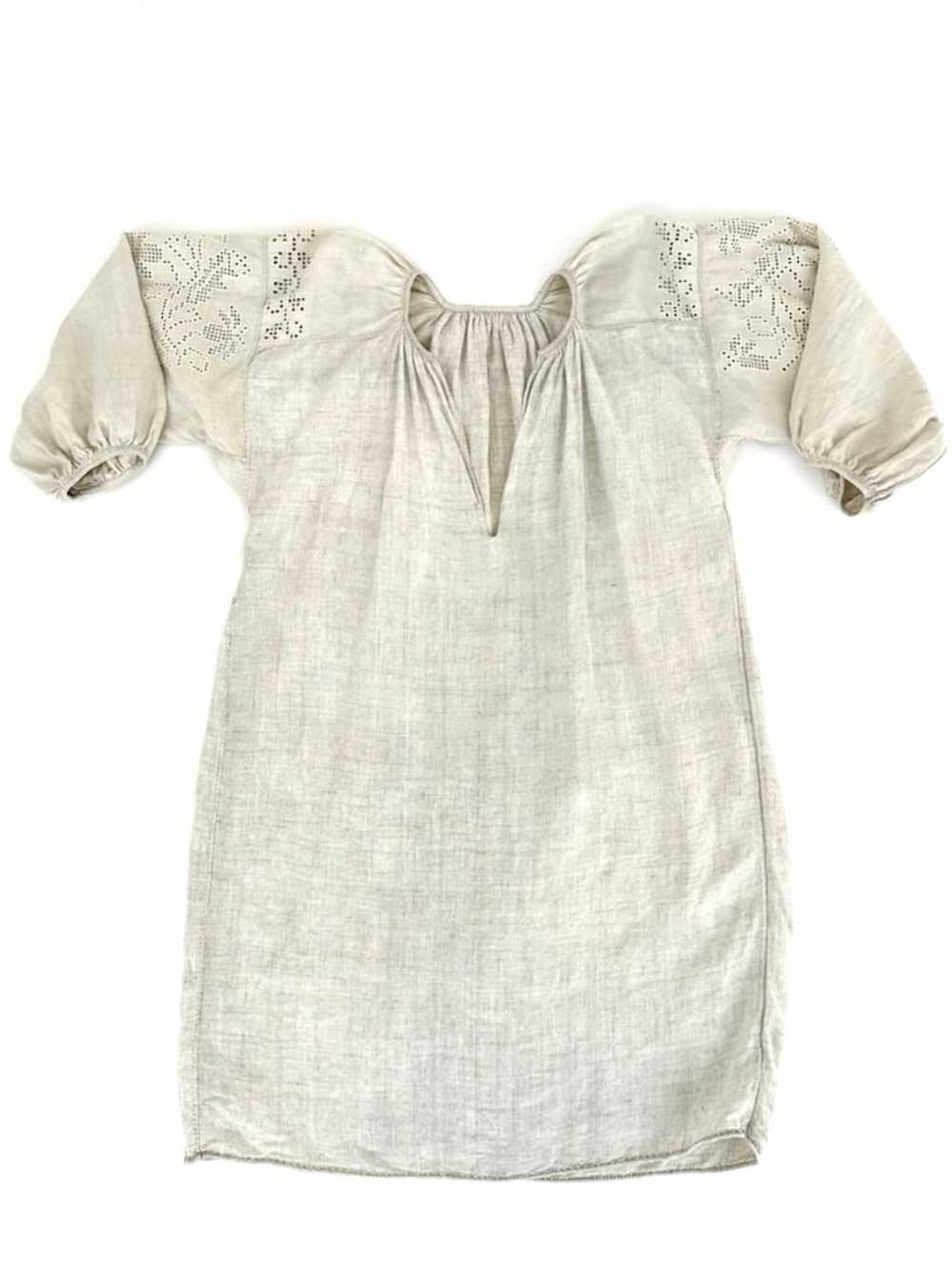 Linen Embroidered Puff Sleeve Dress - image 1