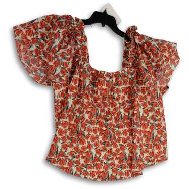 NWT Womens Red Green Floral Flutter Sleeve Pullove