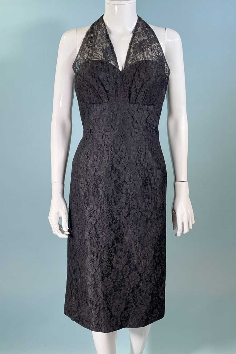Lilli Diamond Vintage 60s Black Lace Halter Party… - image 1