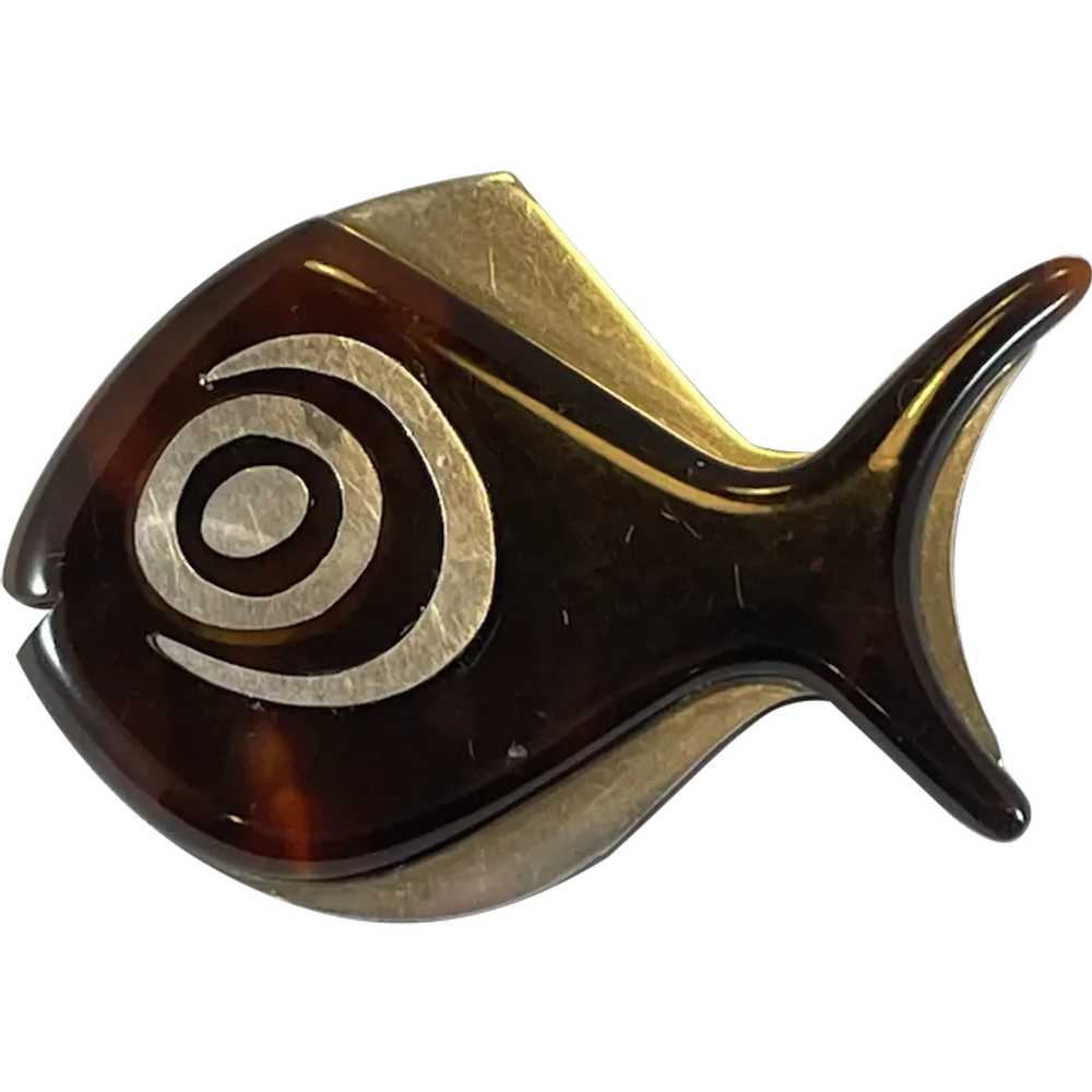 MidCentury Modern Silver and Faux Tortoise Fish B… - image 1