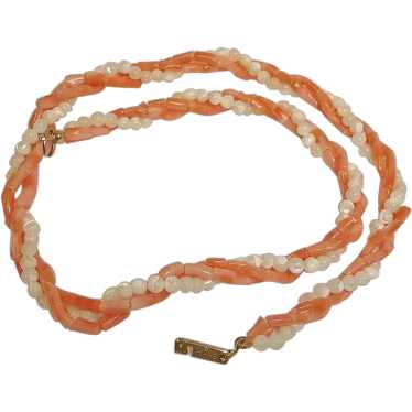 Vintage HOBE Coral and White Bead Necklace - Bead… - image 1