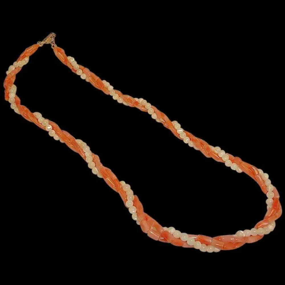 Vintage HOBE Coral and White Bead Necklace - Bead… - image 3