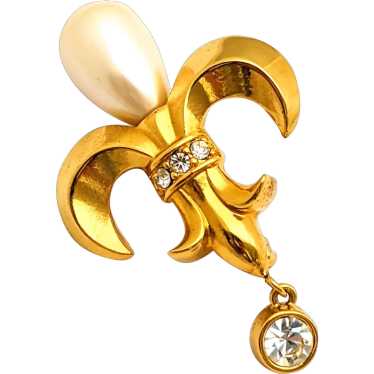 Gold Tone Faux Pearl And Rhinestone Fleur De Lis … - image 1