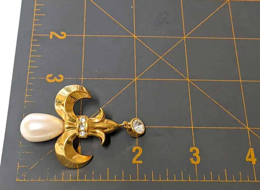 Gold Tone Faux Pearl And Rhinestone Fleur De Lis … - image 5