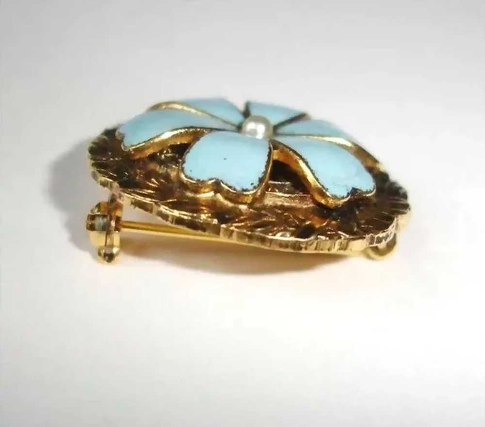 FREIRICH Blue and Faux Pearl Pin Brooch - 1960's … - image 4
