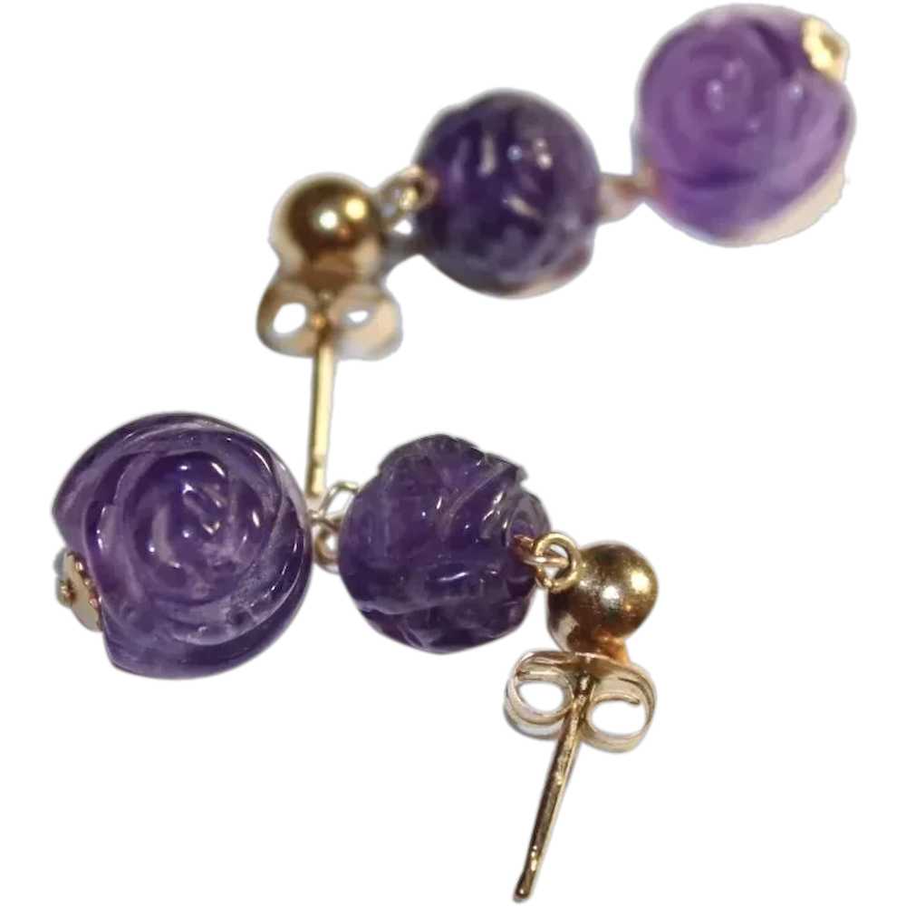 Carved Amethyst Peony Flower And Dragon Earrings - image 1