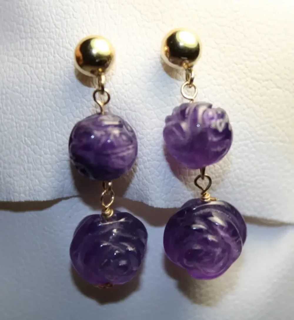 Carved Amethyst Peony Flower And Dragon Earrings - image 2