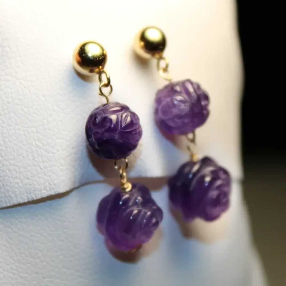 Carved Amethyst Peony Flower And Dragon Earrings - image 4