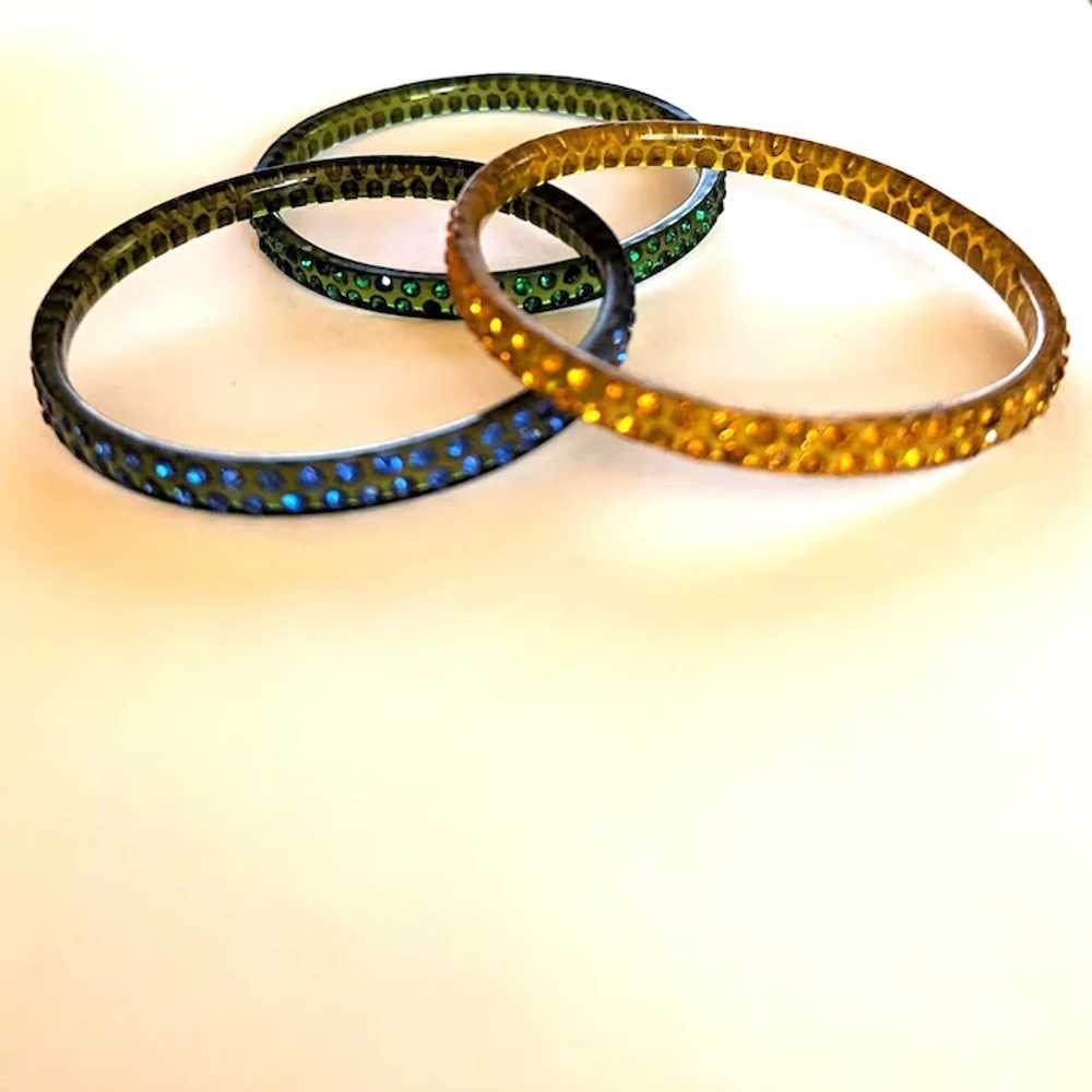 Celluloid and Rhinestones Green Blue Amber Bracel… - image 2