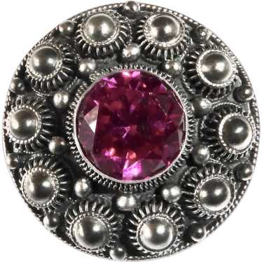Sterling Cannetille Filigree Pin w Fuchsia Jewel - image 1