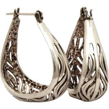 Sterling Pierced Hoop Earrings Openwork Flame Des… - image 1