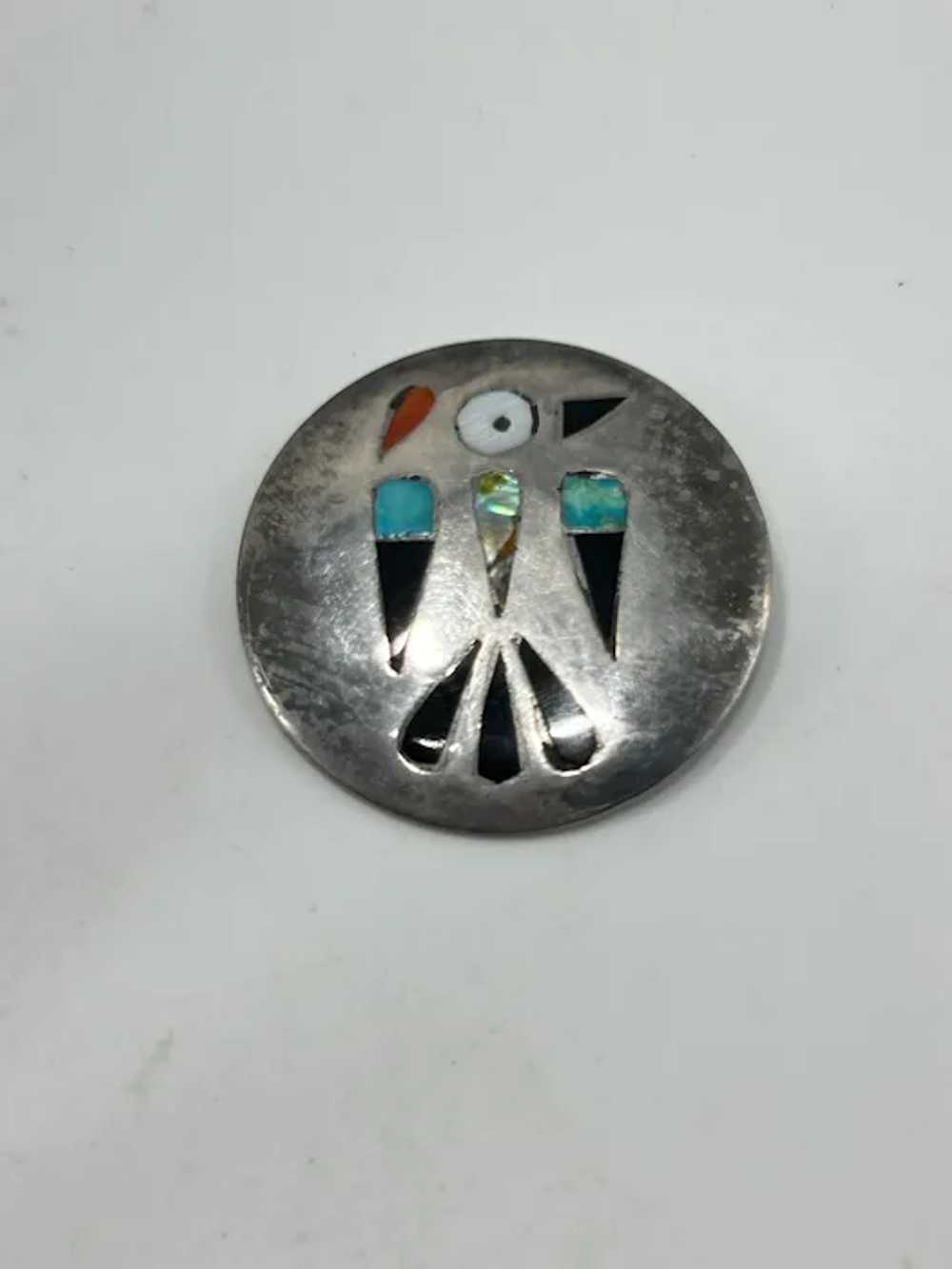 Vintage Thunderbird Brooch Stone Inlay Round Ster… - image 3