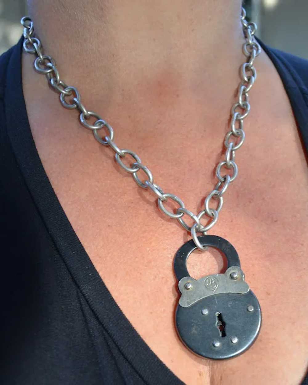 Victorian Oversized Padlock Pendant with Key - image 3