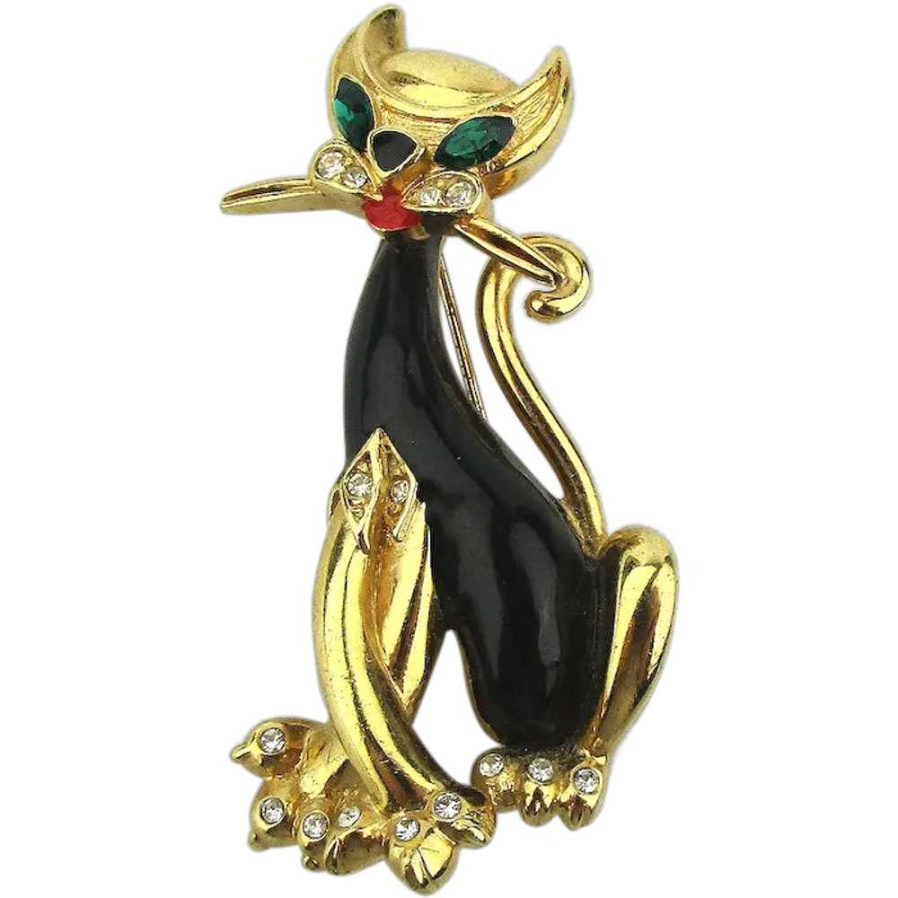 Vintage French GONTIE Enamel Rhinestone Cat Pin - image 1