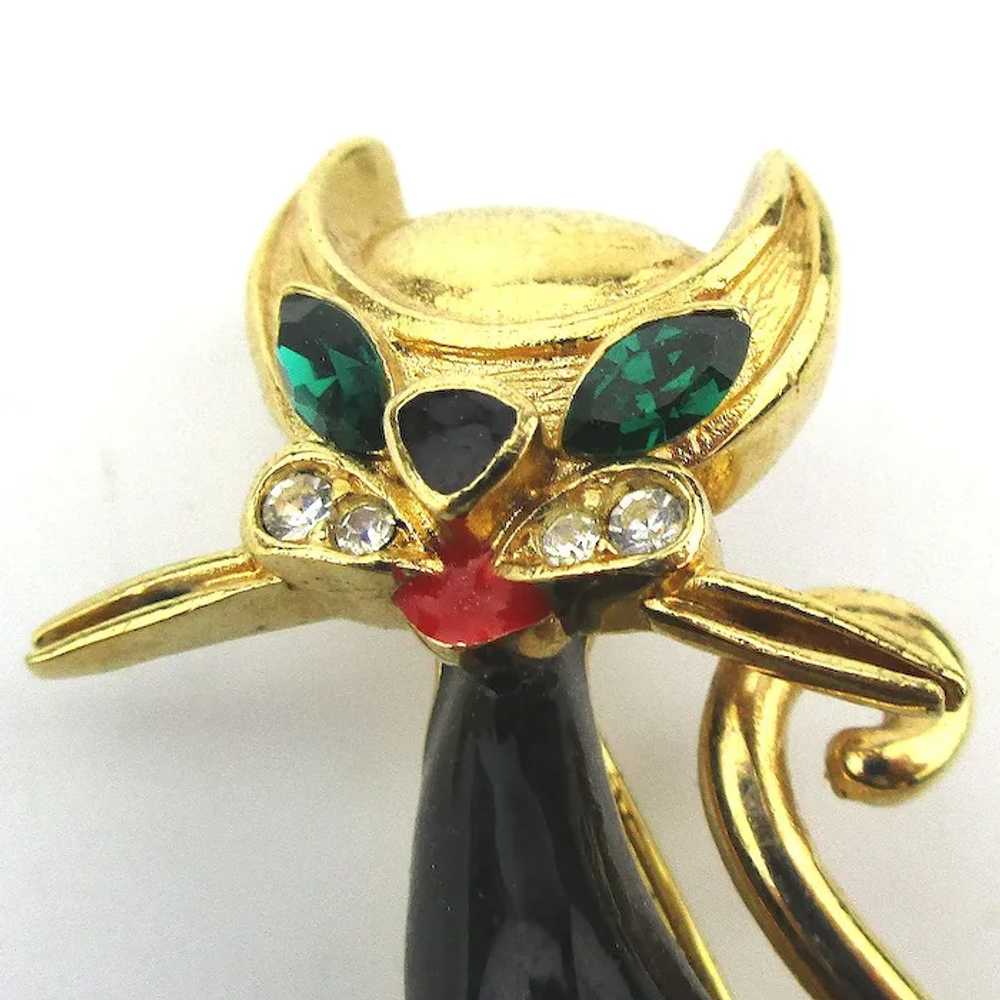 Vintage French GONTIE Enamel Rhinestone Cat Pin - image 2