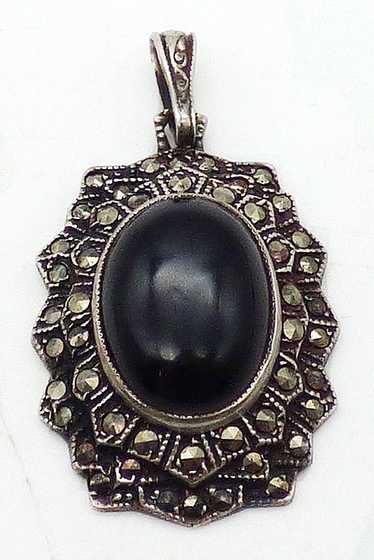 Uncas Sterling Onyx Marcasite Pendant - image 1