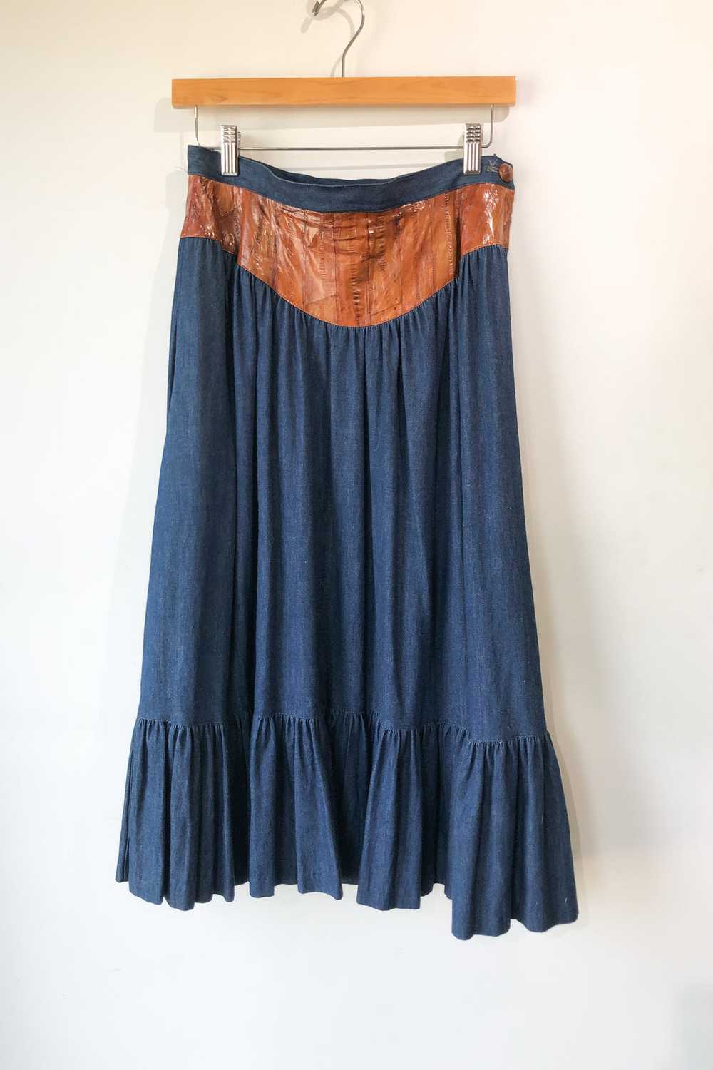 Vintage Bis Bis Saks Eel Panel Denim Prairie Skirt - image 1