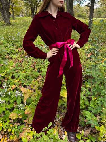 1970s Maroon Red Velvet Jumpsuit Flared Wide Leg C