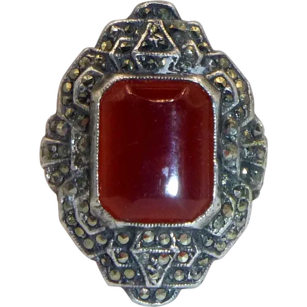 Vintage Carnelian, Marcasite, and Sterling Silver… - image 1