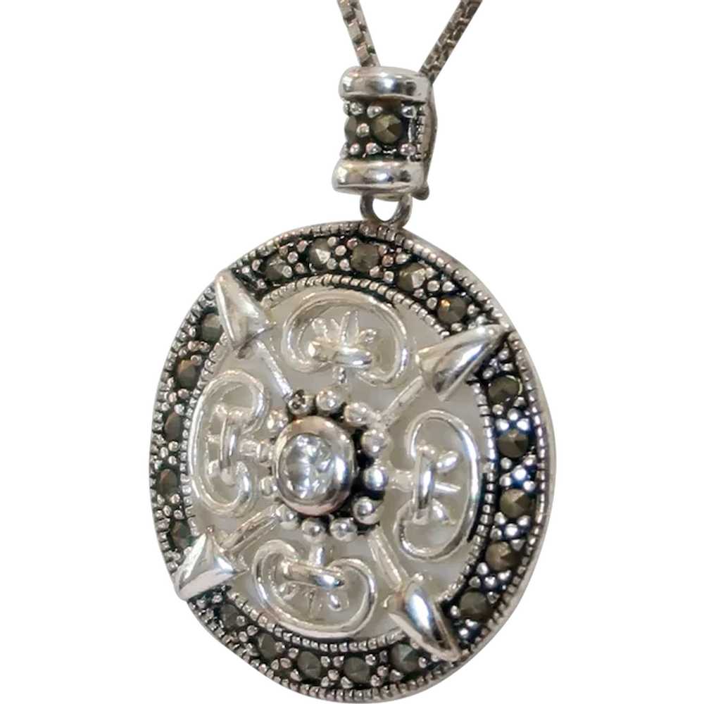 Lovely Sterling Silver Bali Pendant With CZ & Mar… - image 2