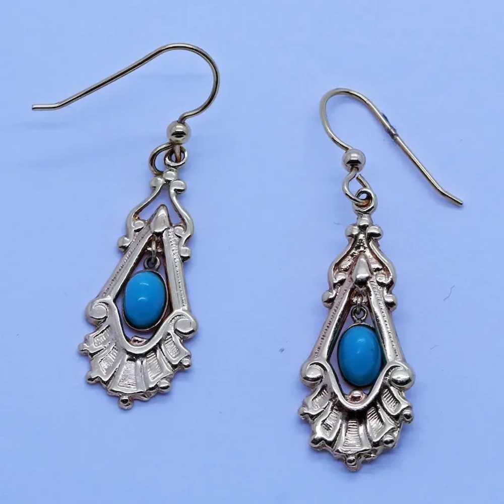 Antique Victorian Earrings 14k Gold Turquoise Dan… - image 2