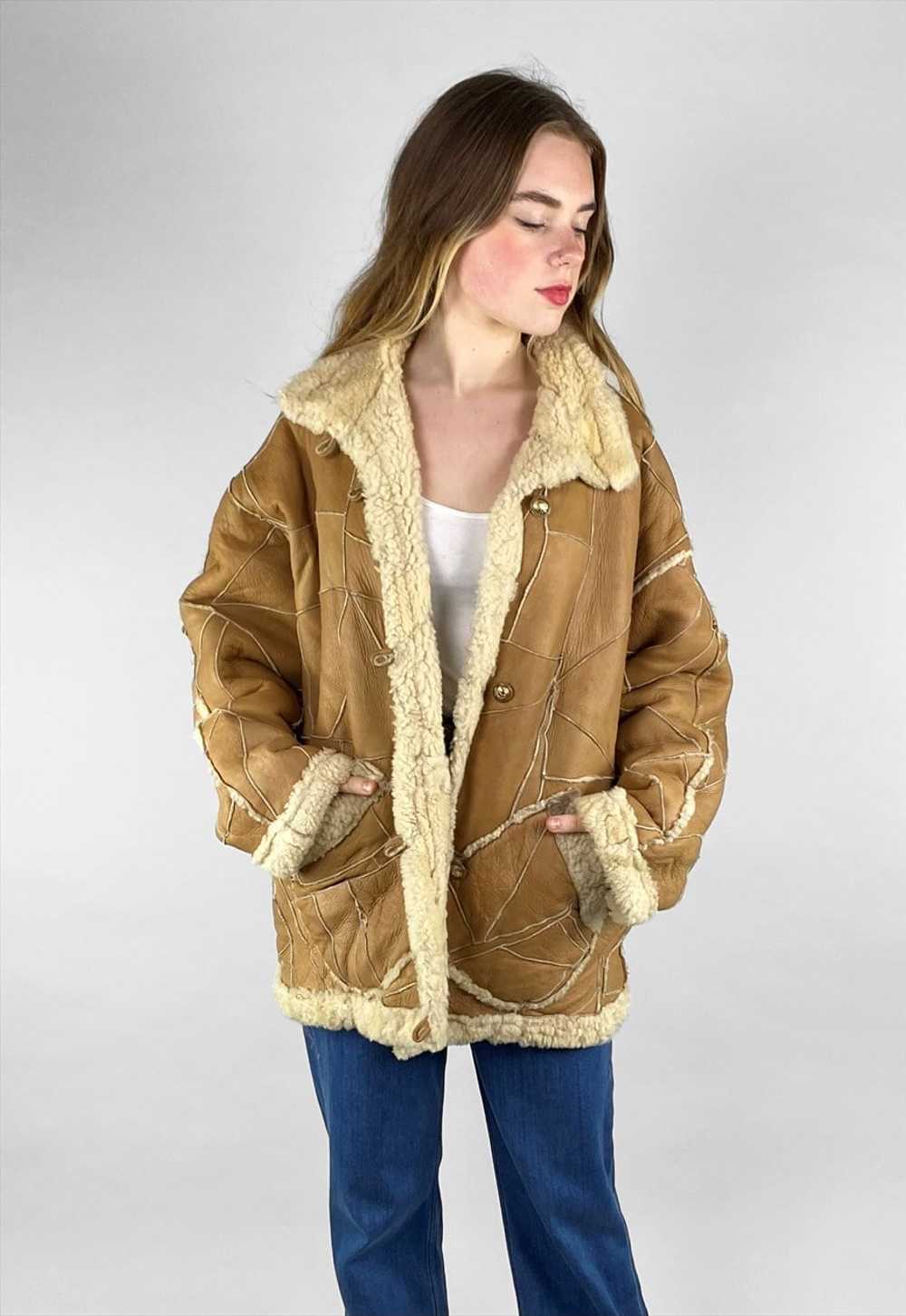 70's Cream Brown Shearling Vintage Winter Coat Pa… - image 3