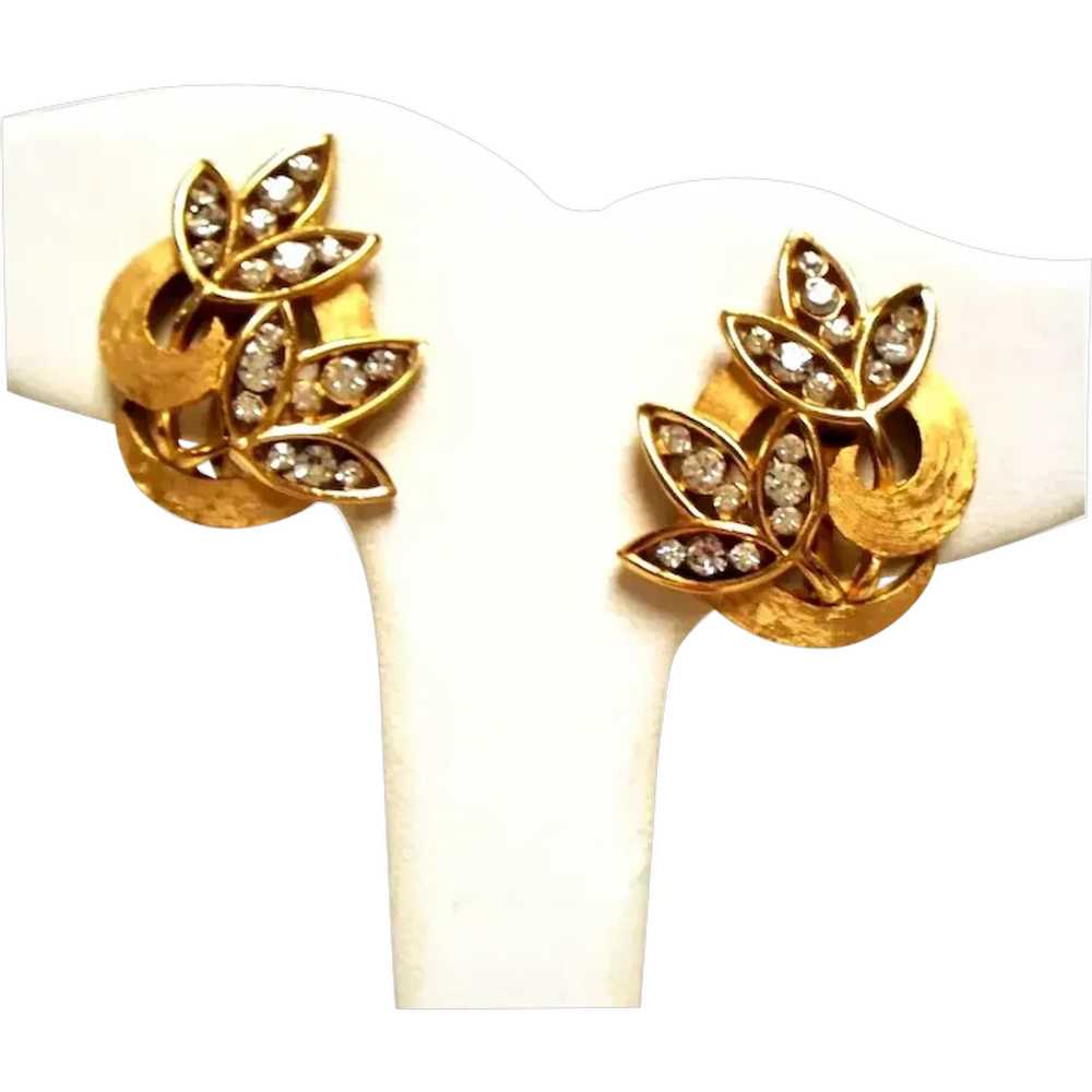 Vintage Trifari Stylized Rhinestone Leaves Earrin… - image 1