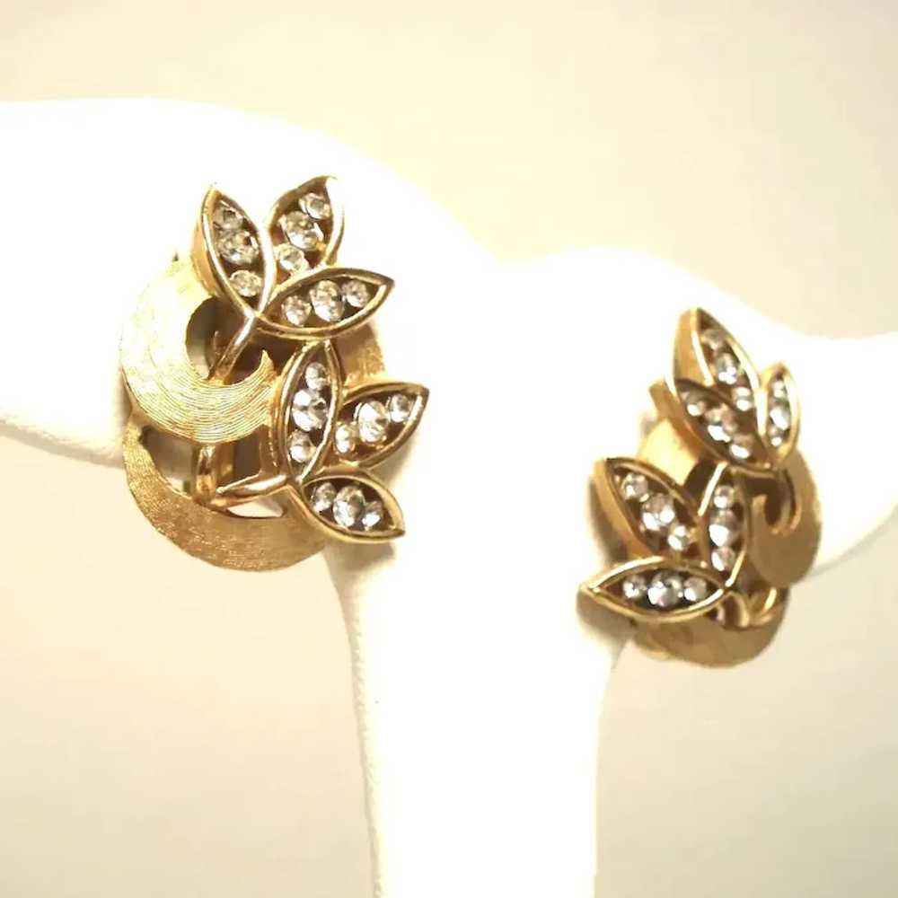 Vintage Trifari Stylized Rhinestone Leaves Earrin… - image 2