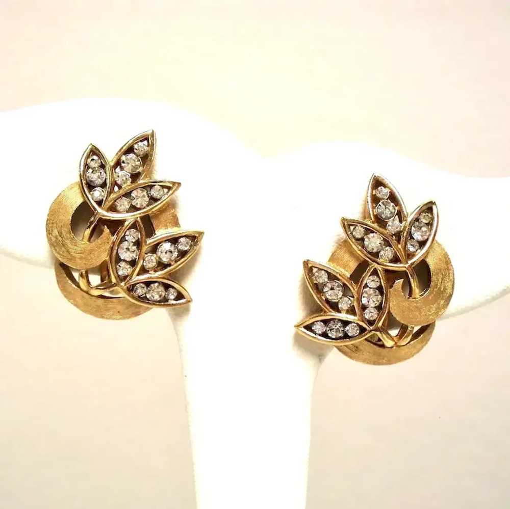 Vintage Trifari Stylized Rhinestone Leaves Earrin… - image 3