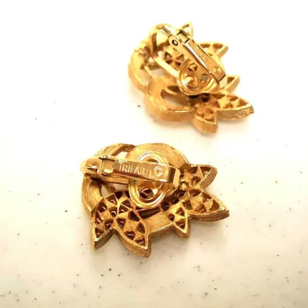 Vintage Trifari Stylized Rhinestone Leaves Earrin… - image 4