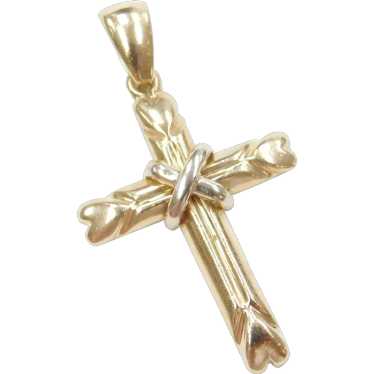 14k Gold Two-Tone Cross Pendant with Heart Ends - image 1