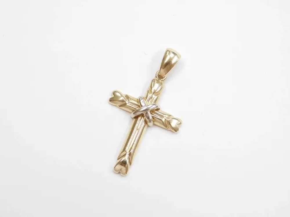 14k Gold Two-Tone Cross Pendant with Heart Ends - image 2