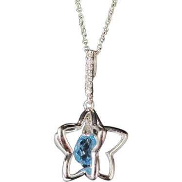 14k White Gold Blue Topaz Star 3D Pendant Necklace - image 1