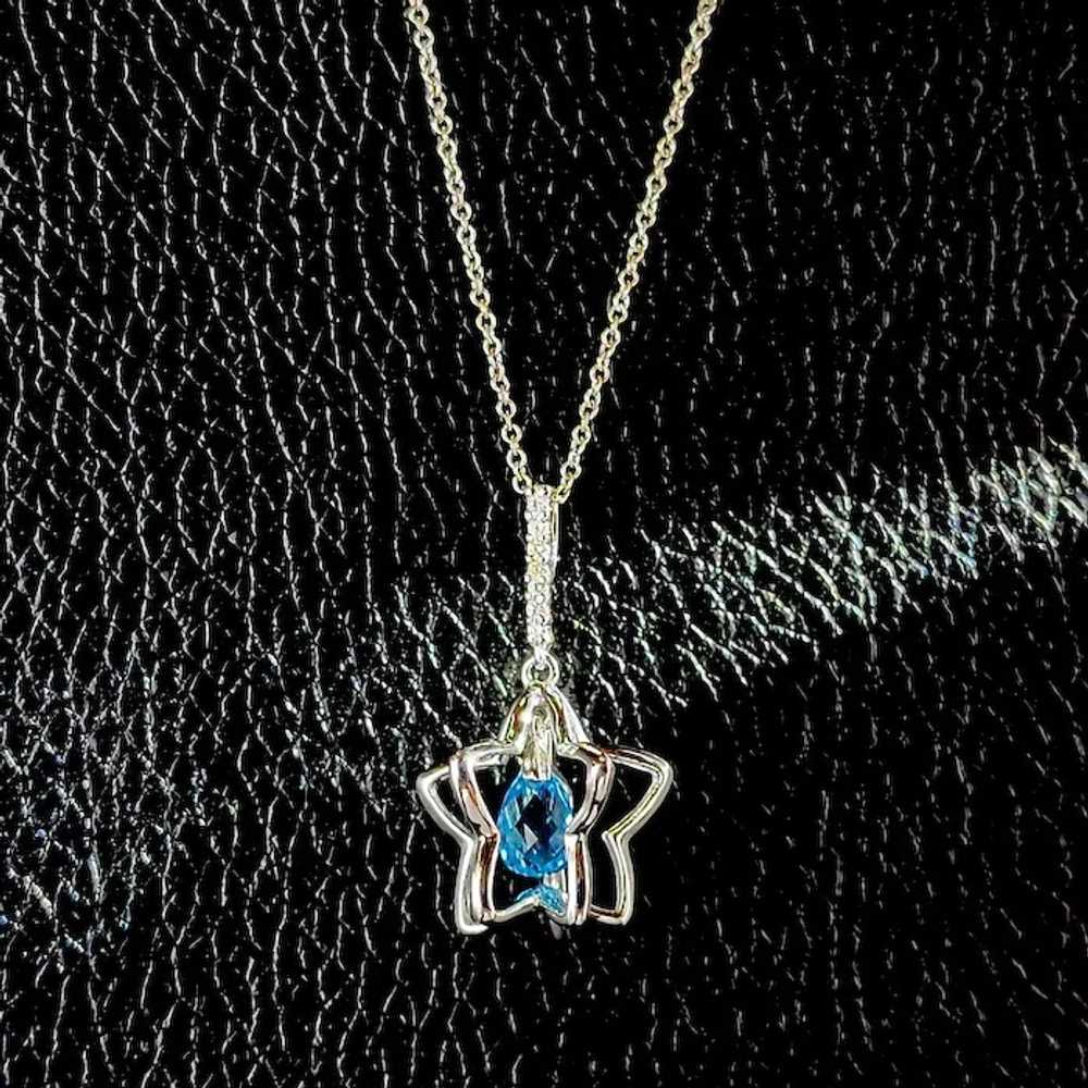 14k White Gold Blue Topaz Star 3D Pendant Necklace - image 3