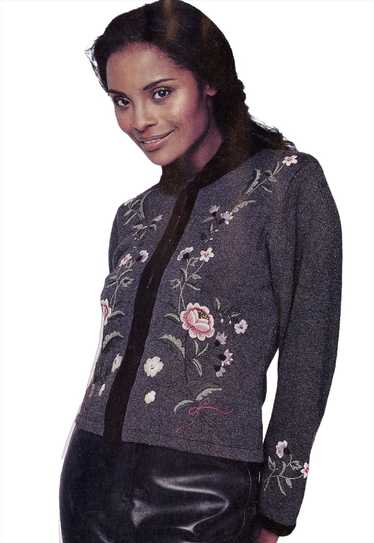 90s Vintage Floral Embroidery Cardigan with Velve… - image 1