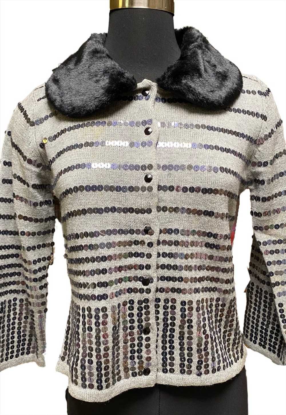 Sequined Cardigan with Faux Fur Trim - image 1