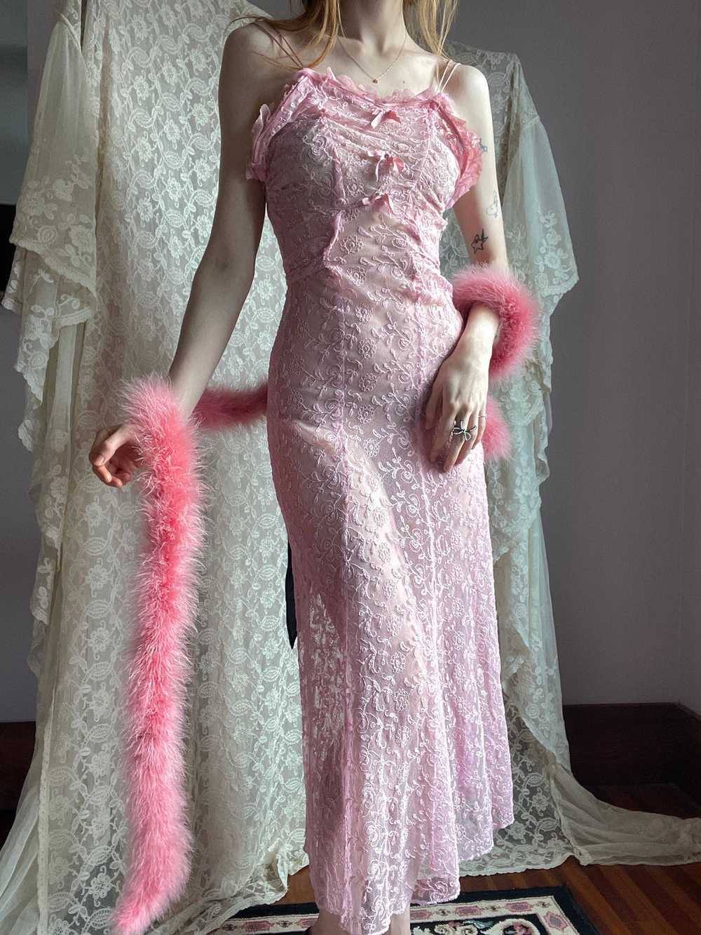 1930s Tambour Lace Embroidered Net Gown Bow Dress… - image 1