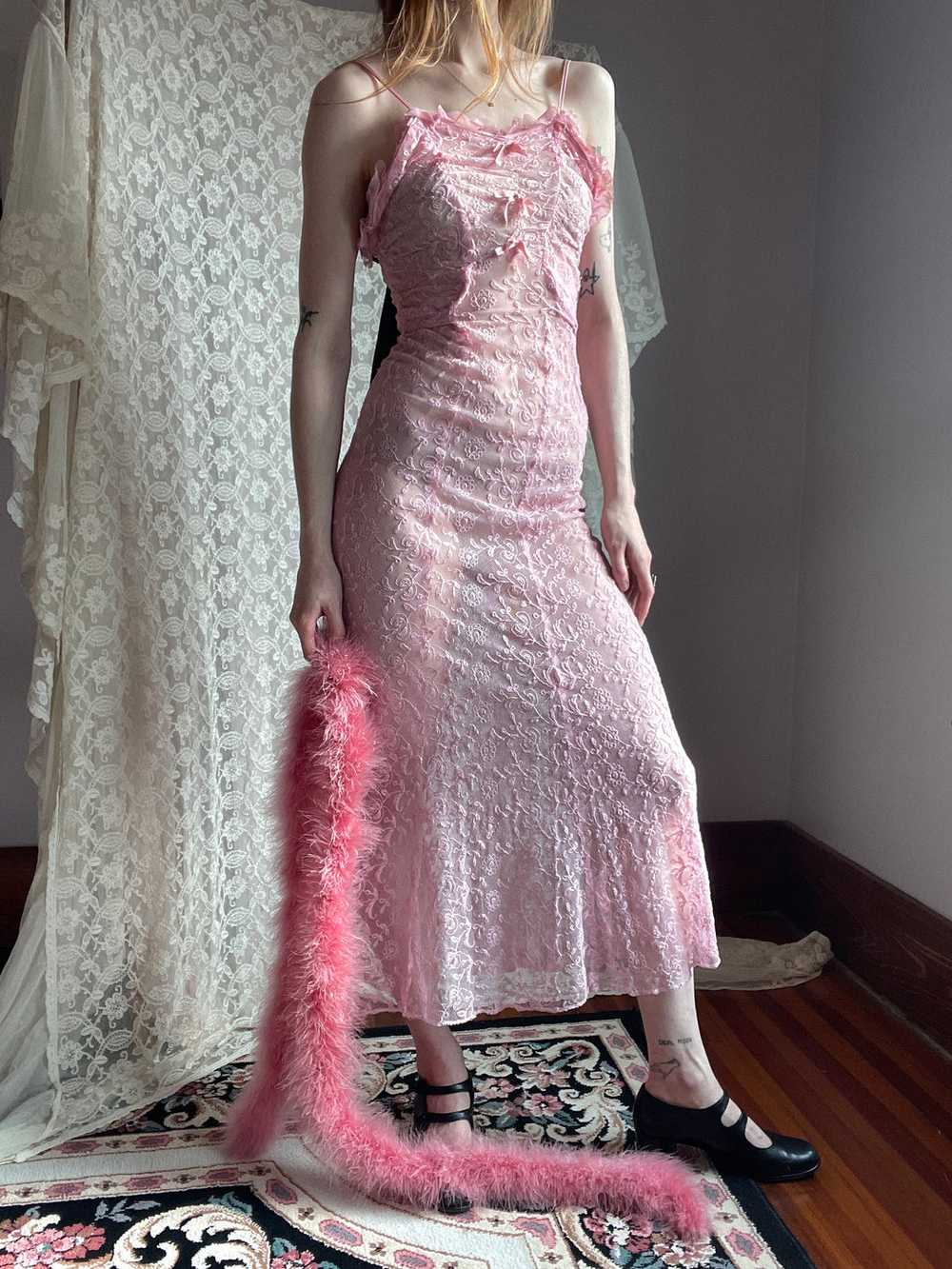 1930s Tambour Lace Embroidered Net Gown Bow Dress… - image 3