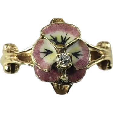 14 Karat Yellow Gold and Diamond Enamel Floral Rin