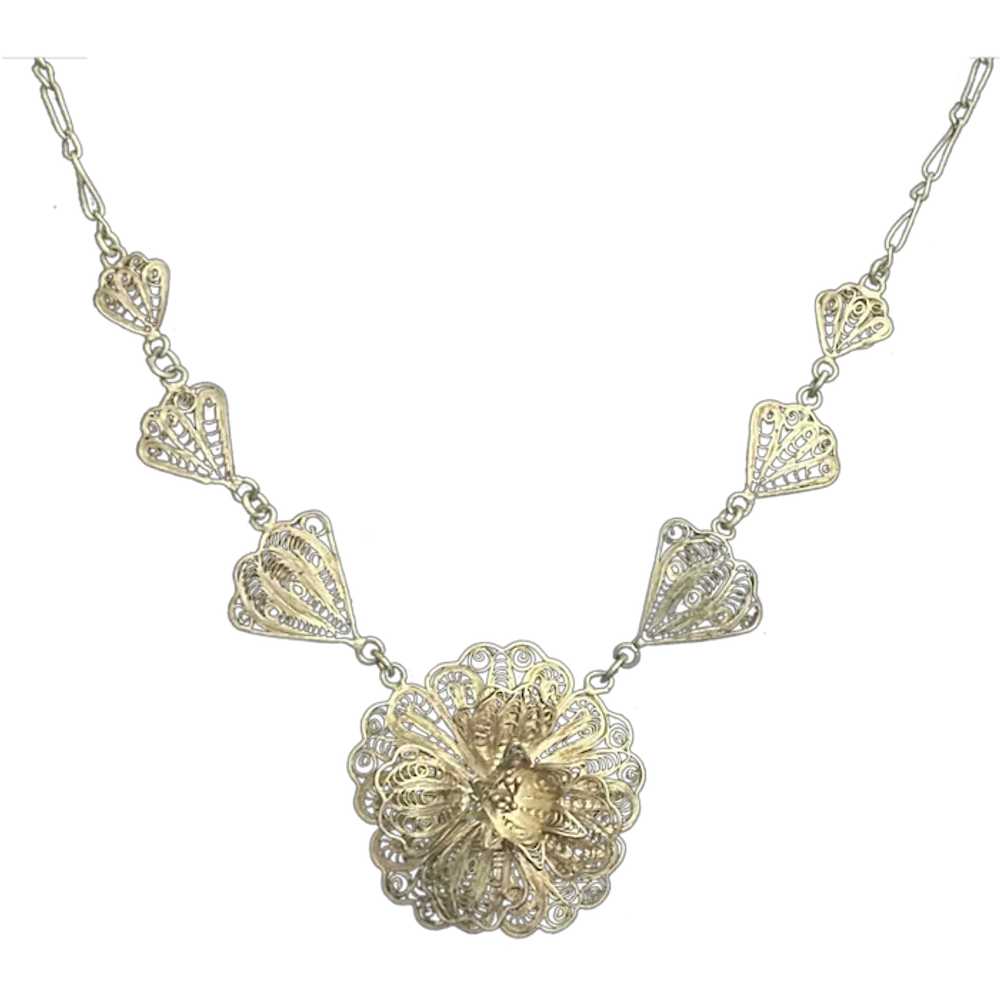 Silver Floral Filigree Necklace from Mexico - image 1