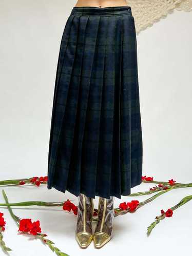 Wool Plaid Pleated Skirt - Forest
